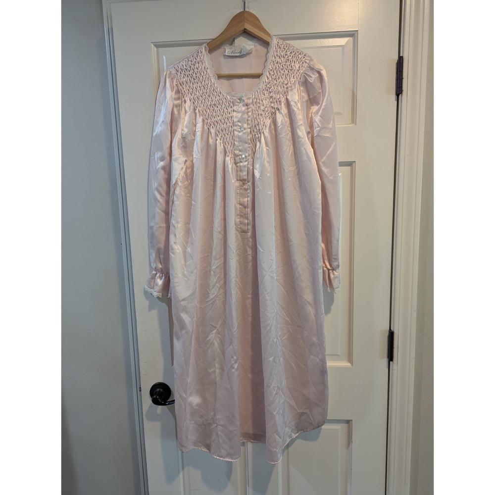 Vintage Nicole long Nightgown Pink Sz Medium Cotton Backed Satin Lace Smocking